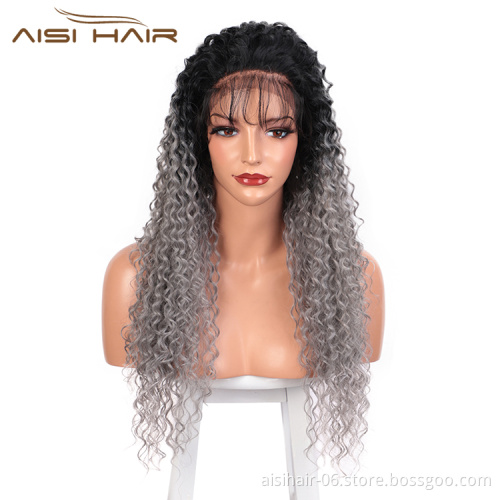 Aisi Hair Long Wavy Ombre Gray Dark Root Wig 13x6 Kinky Curly Wave Lace Frontal Wig Cosplay Front Lace Hair Wigs For Black Women